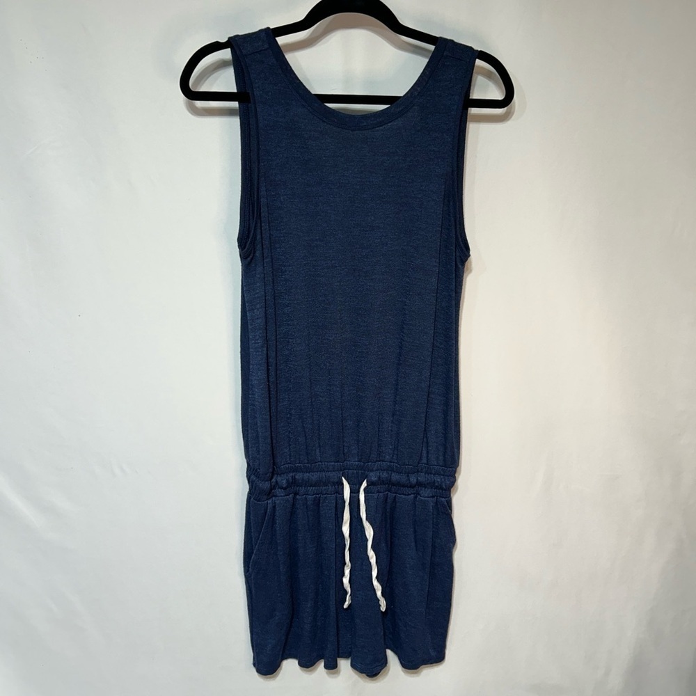 Womans blue romper with elastic waist. Size Medium. Sleeveless. Stretchy fabric